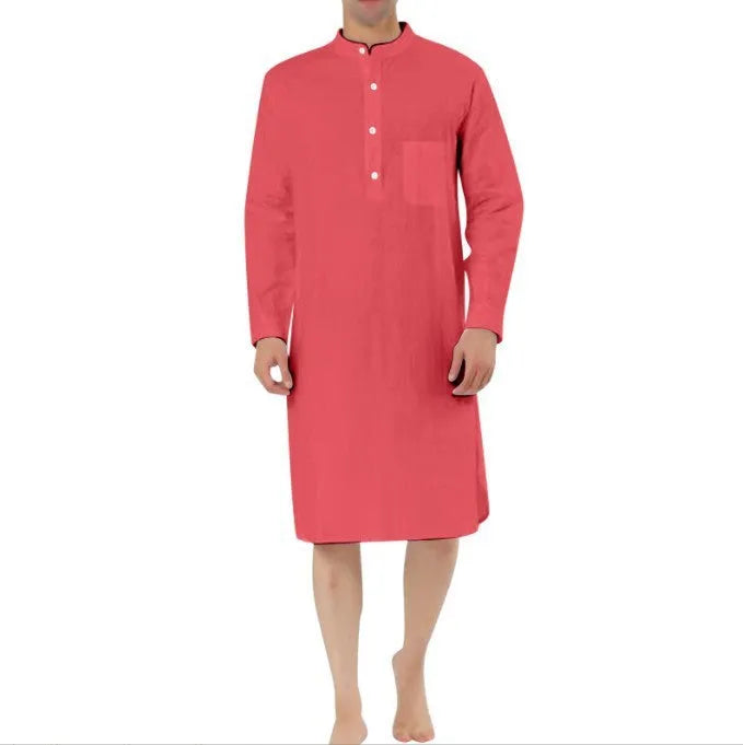 Men's cotton shirt robe shown in multiple colour options including Lake Blue, Light Khaki, White, and Black.