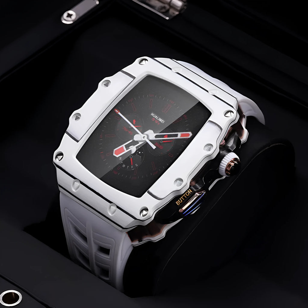 Carbon fiber shell strap for iWatch 45/44mm with rose gold buckle and white clip style