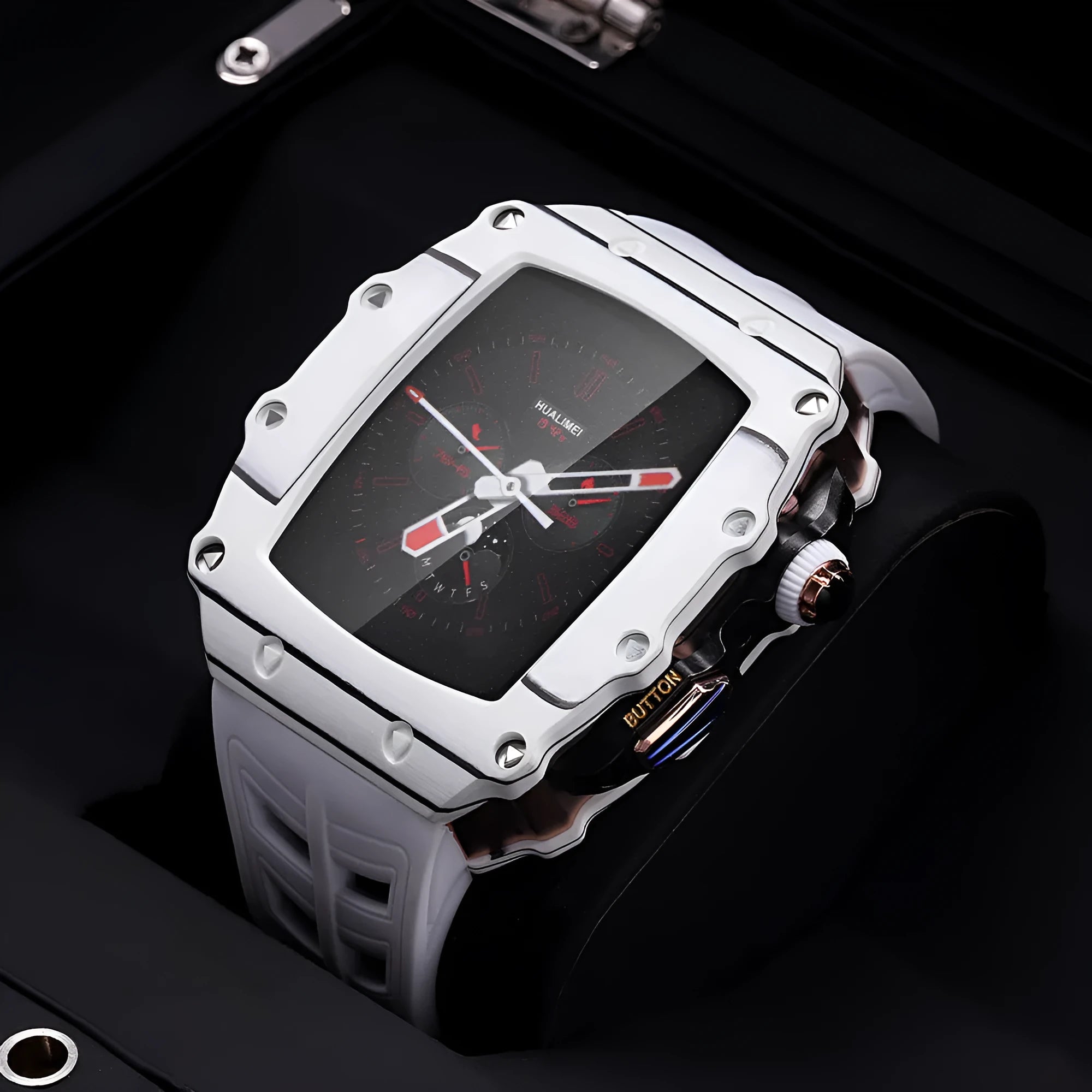 Carbon fiber shell strap for iWatch 45/44mm with rose gold buckle and white clip style