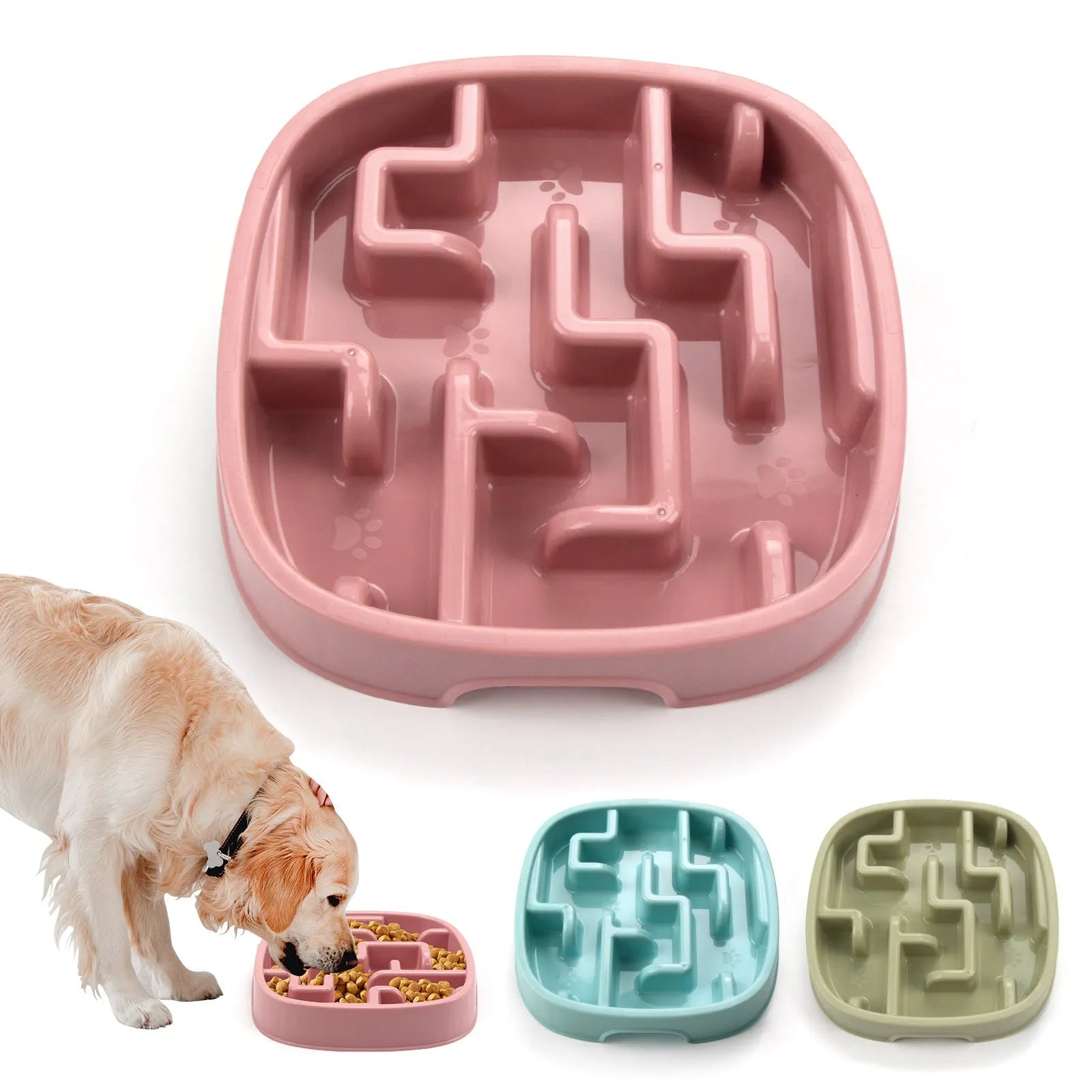 Square macaron blue slow feed bowl with maze pattern for dogs and cats