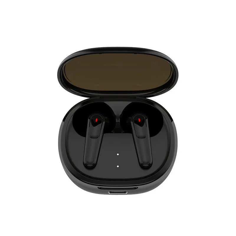 Black in-ear Bluetooth headphones with noise reduction feature.