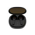 Black in-ear Bluetooth headphones with noise reduction feature.