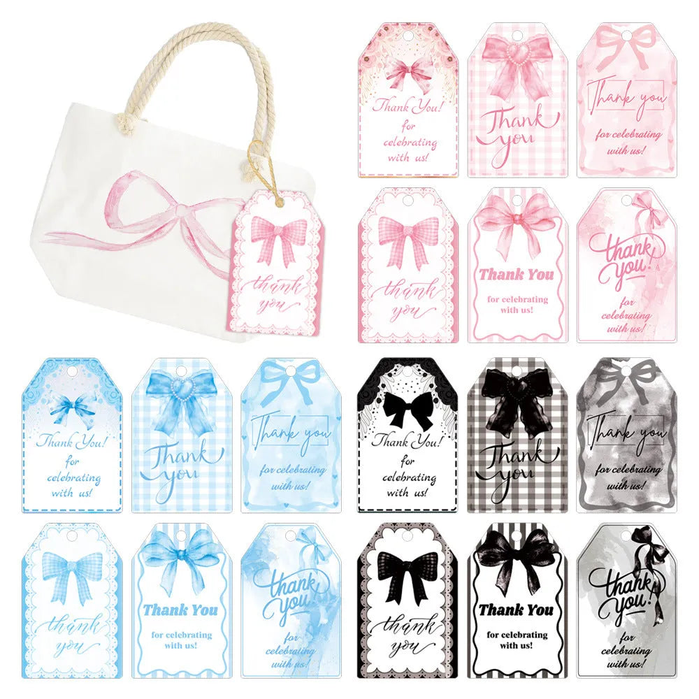 Set of 60 decorative bowknot-shaped paper gift tags with natural jute twine for birthdays.