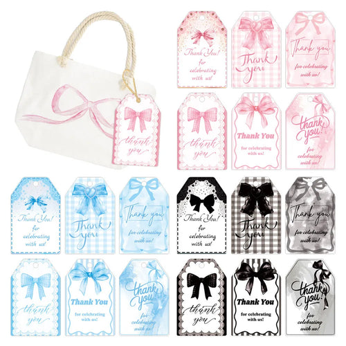 Set of 60 decorative bowknot-shaped paper gift tags with natural jute twine for birthdays.