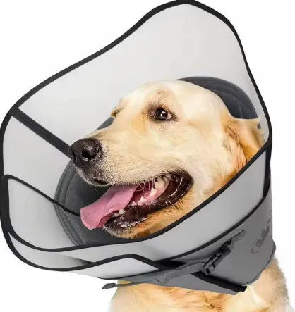 Soft grey adjustable polyester protective collar ring for a dog or cat post-surgery.