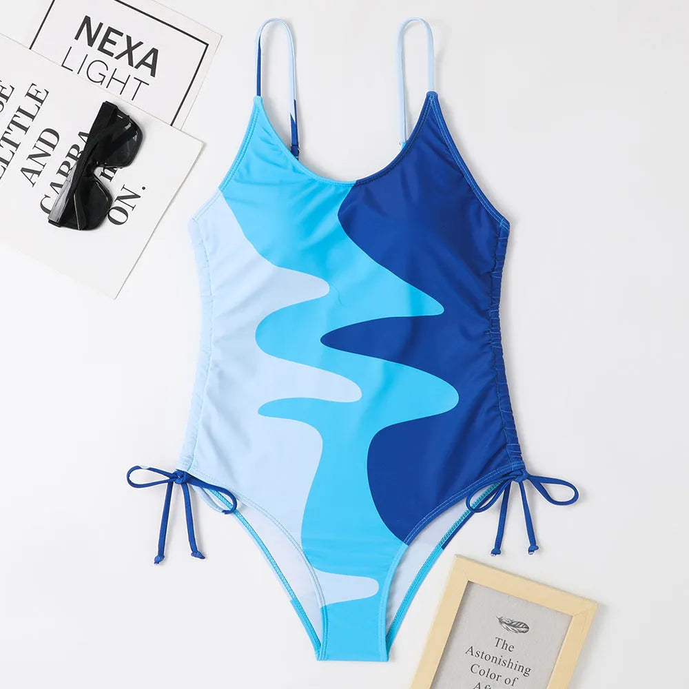 Women's sleeveless backless one-piece swimsuit in blue, purple, brown, or green colours
