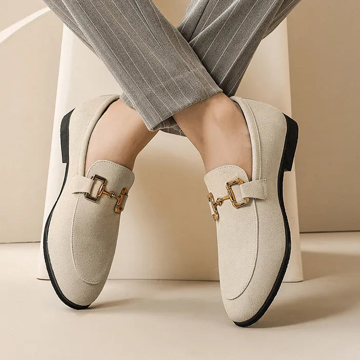 Men's plus size casual leather shoes with metal buckle, black colour, rubber outsole, side view