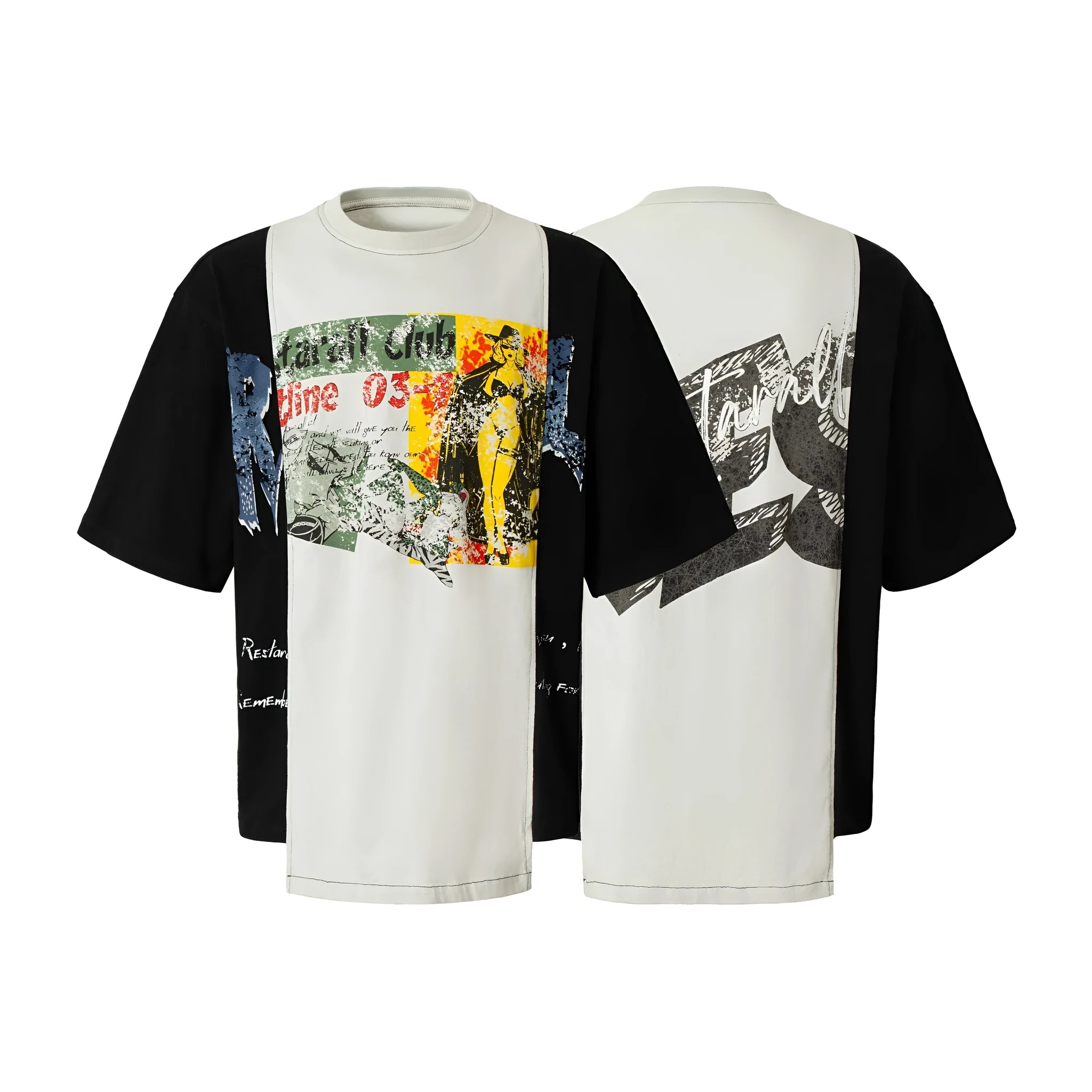 Black and white broken collage deconstruction print on a loose fit cotton blend t-shirt