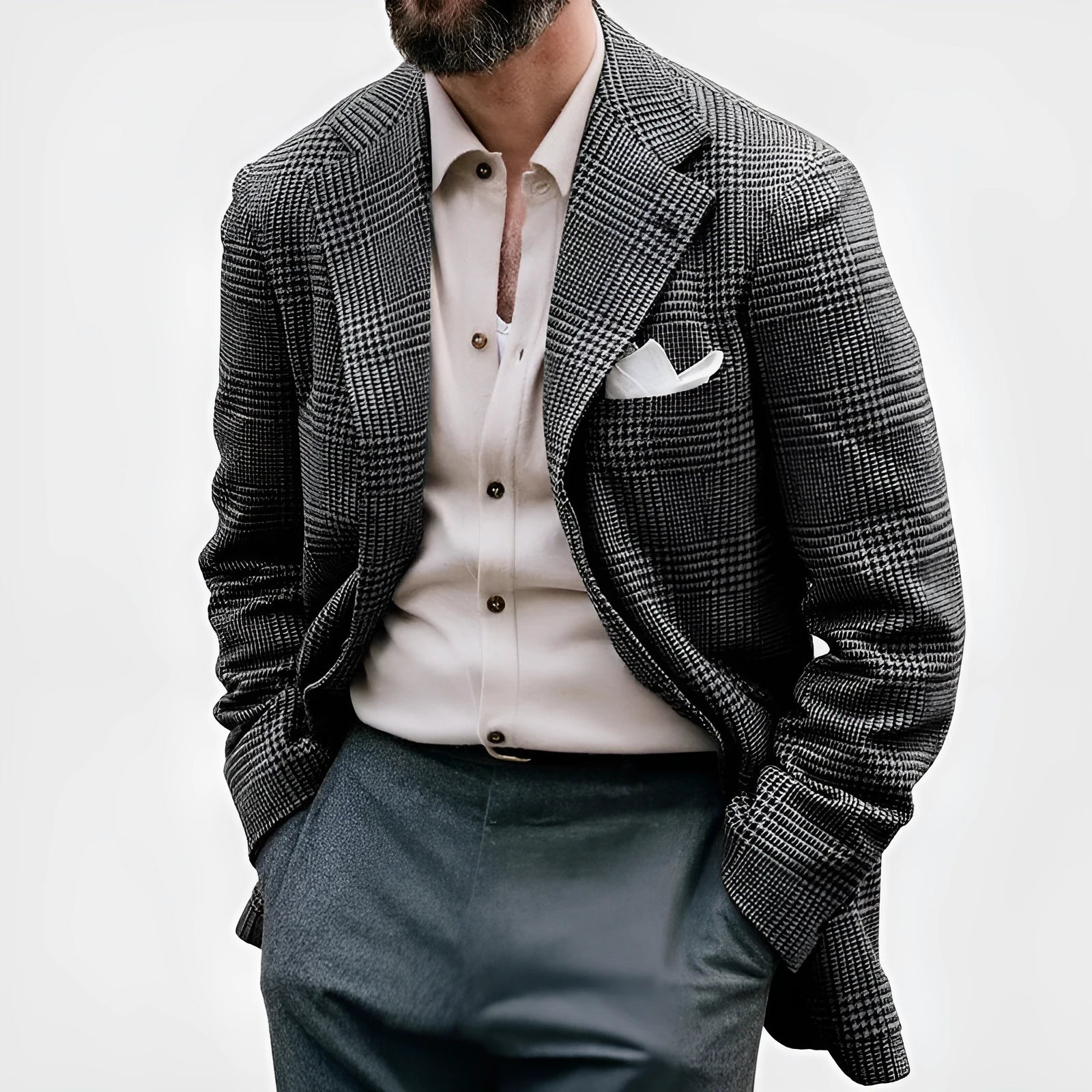 Men's loose solid colour double button suit jacket in grey, front view, for casual leisure wear