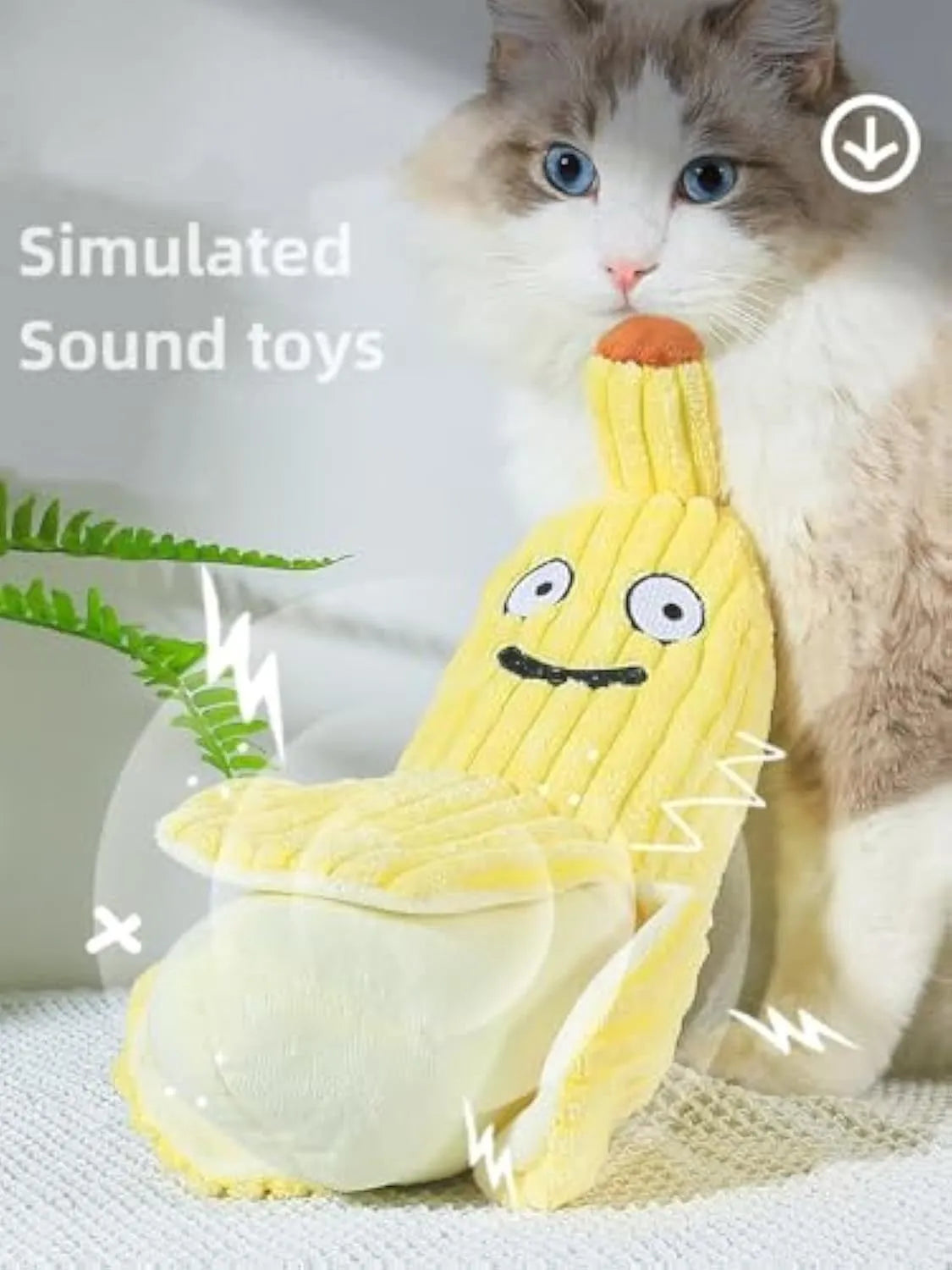 Yellow banana-shaped cat toy with crinkle paper sound feature measuring 13 inches long