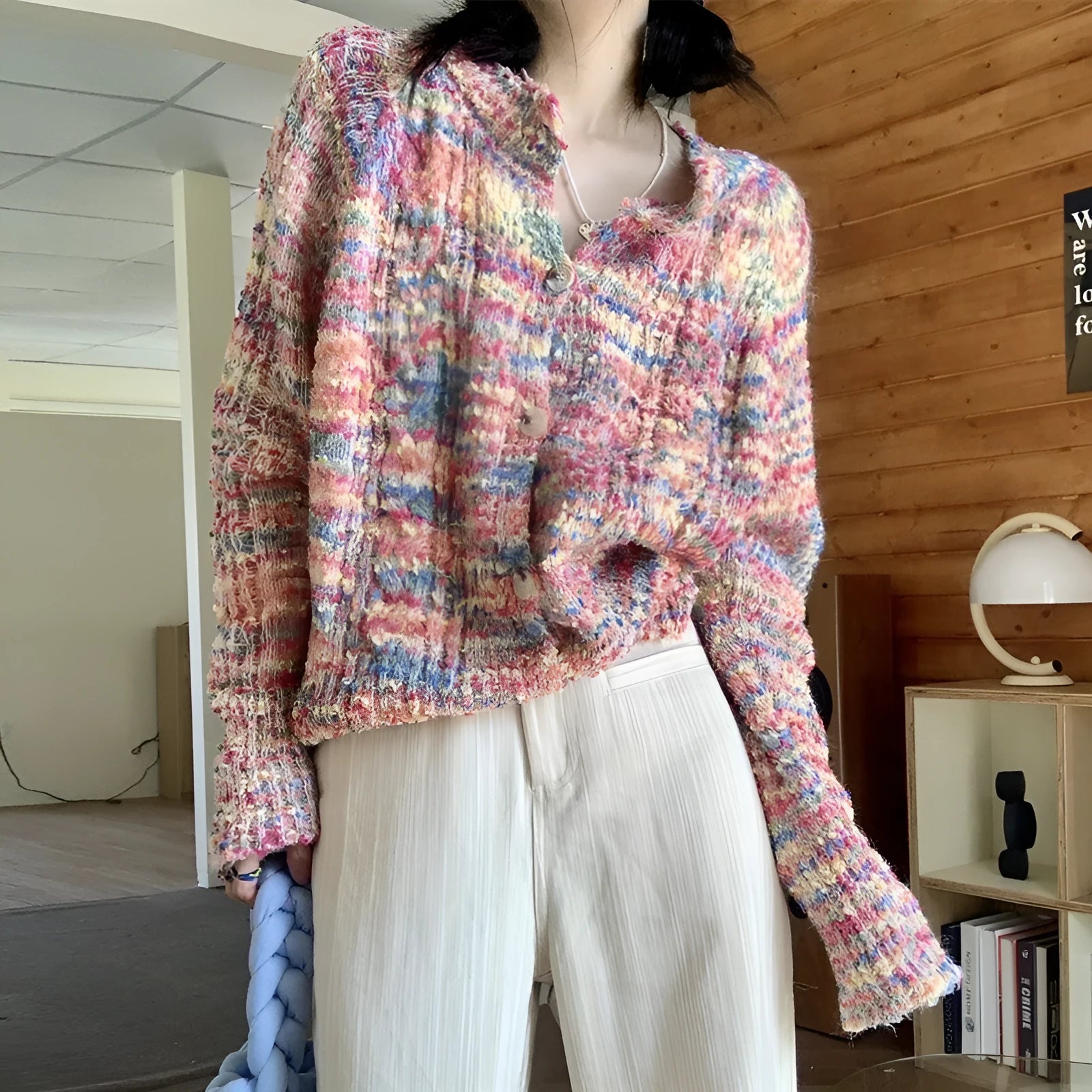 Rainbow knitted cardigan sweater in retro gentle idle style showing toothbrush hair fabric texture