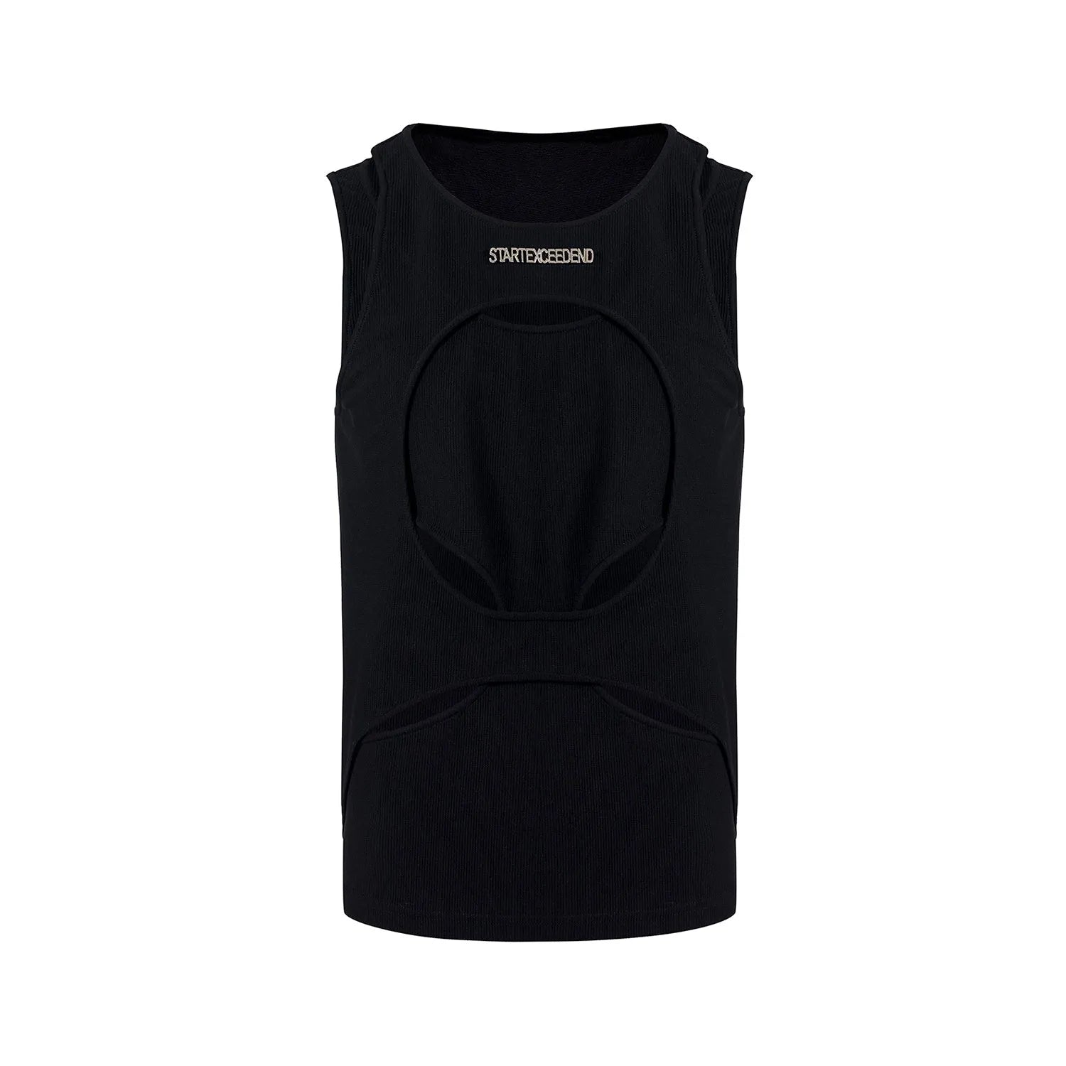 Man's loose fit sleeveless waistcoat in white hollow thread fabric, showing round neck and pullover design.
