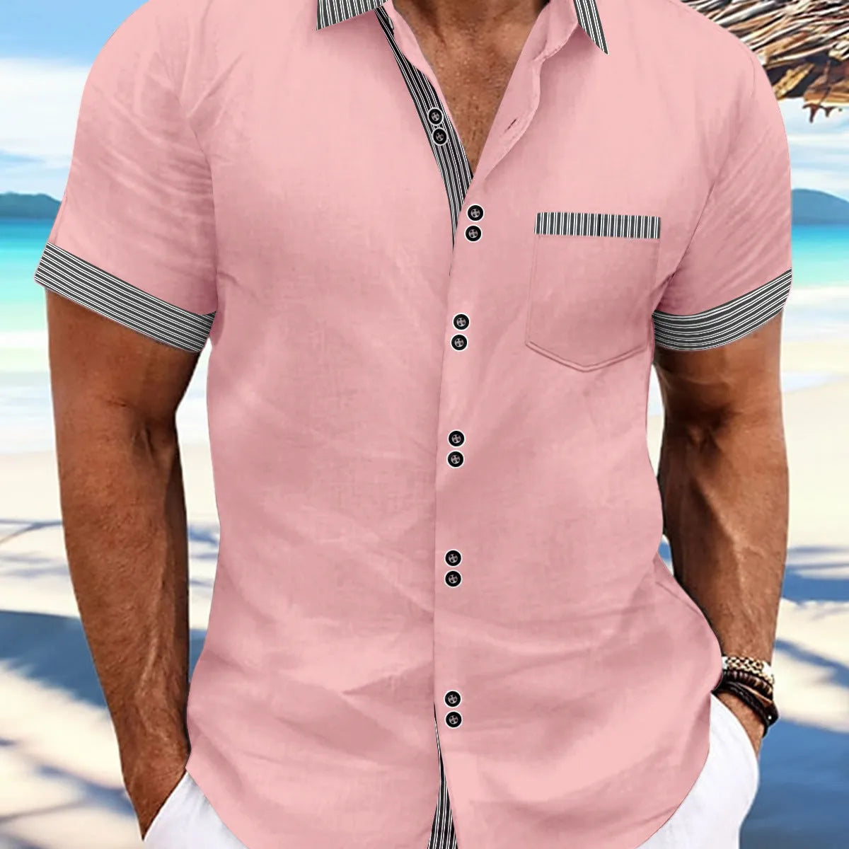 Slim fit striped casual cotton shirt on a hanger, showing double button front detail.