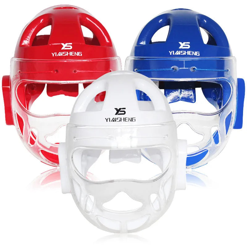 Karate helmet protective equipment for boxing in blue, red, or white colours available in sizes S, M, L, XL