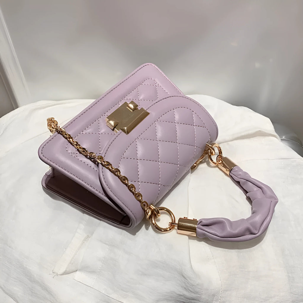 Women's Korean-style shoulder bag with rhombus pattern in purple colour showing crossbody wearing style