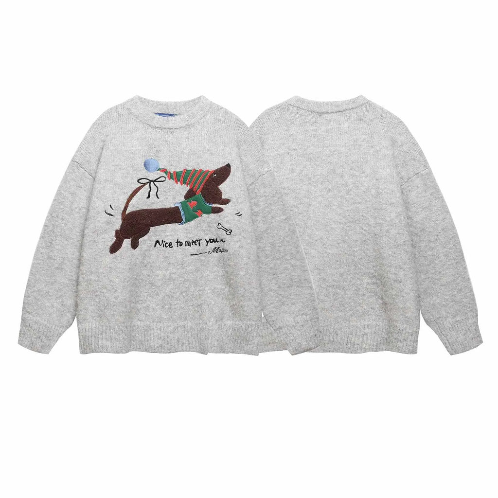 American retro Christmas hat puppy embroidery casual round neck sweater in Gray for teenagers