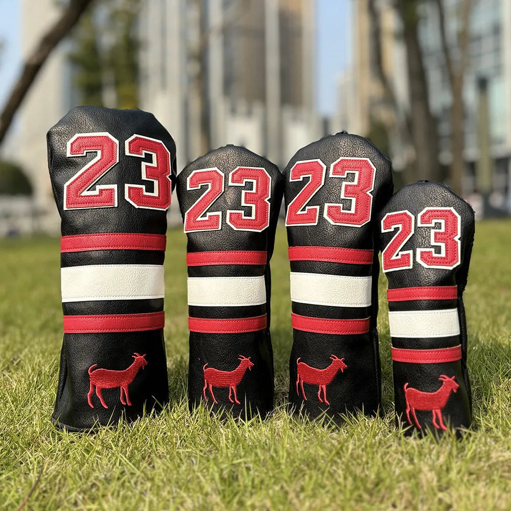 Ram golf club headcover set showing chicken drumstick UT cover, fairway wood sleeves, and square putter sleeve in red colour