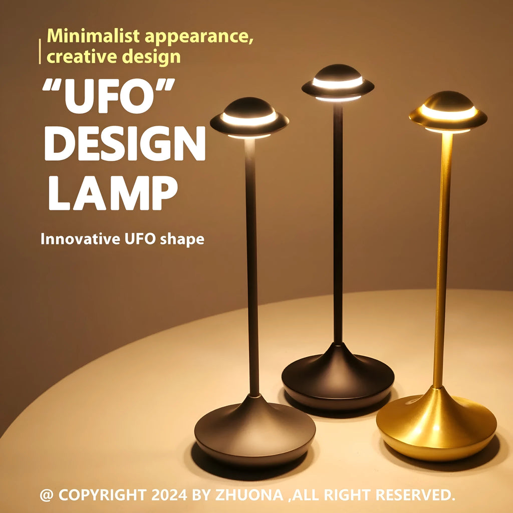 UFO-shaped rechargeable desk lamp with metal base and touch dimming in black, gold or grey
