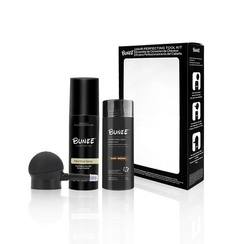 Dense Hair Fibre 275g three-piece set with powder can, applicator nozzle, and shaping spray bottle.