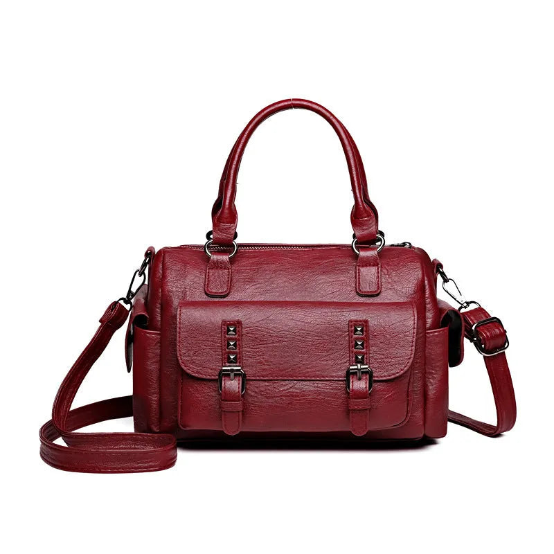 Vintage-style large square messenger bag in PU leather with contrast stitching.