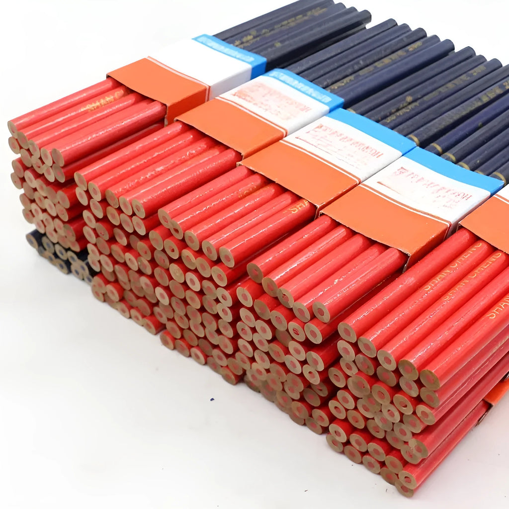 Ten red and blue two-colour carpenter's pencils with wooden casing round marking pens