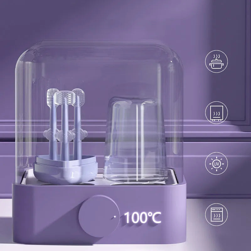 Purple silicone pet toothbrush with dual-ended design showing traditional brush head and finger brush
