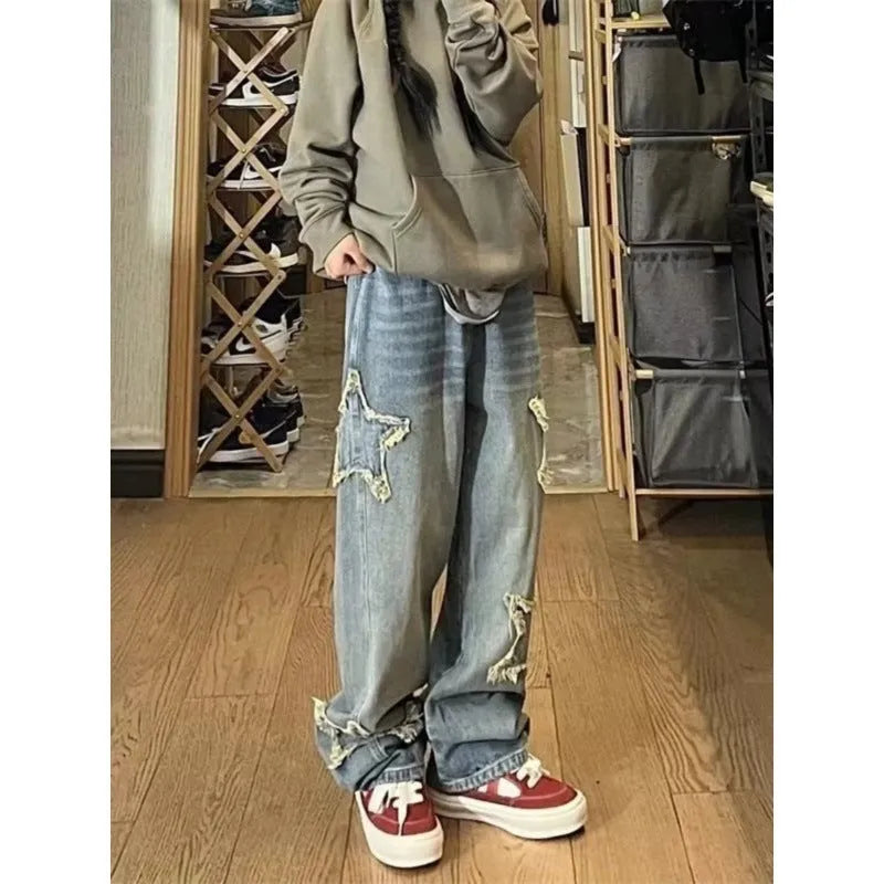 Blue high-waist wide-leg women's jeans with straight-leg design in cotton denim fabric