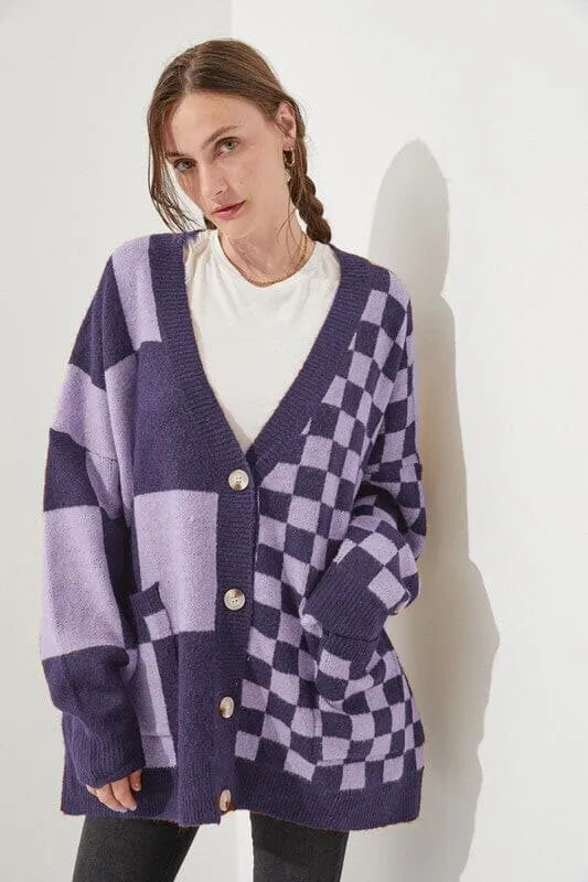 Printed checks knitwear cardigan in loose slim fit showing six colour options