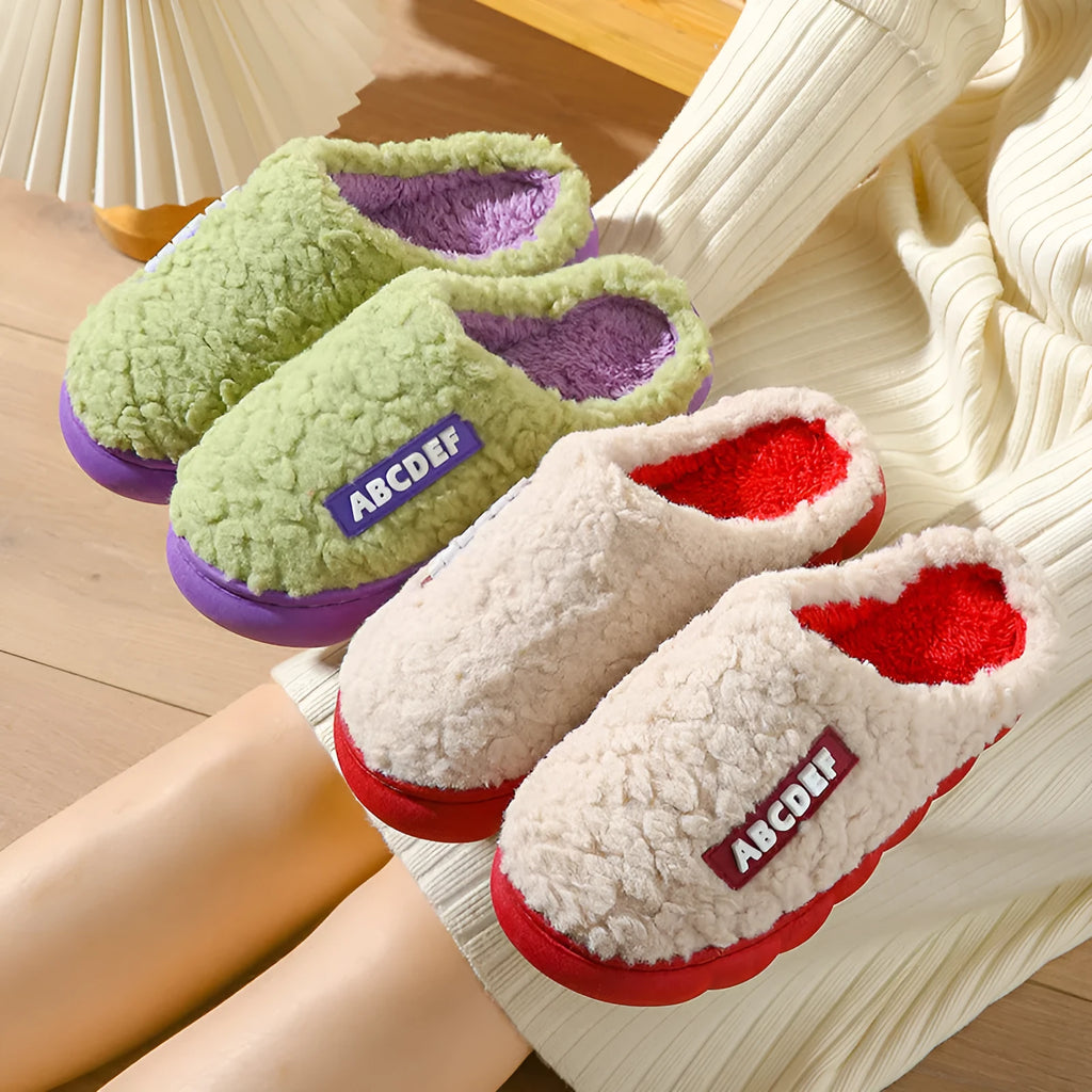 New Letter indoor non-slip thick-soled fur slippers in beige, plush upper, round toe, PVC sole, flat heel