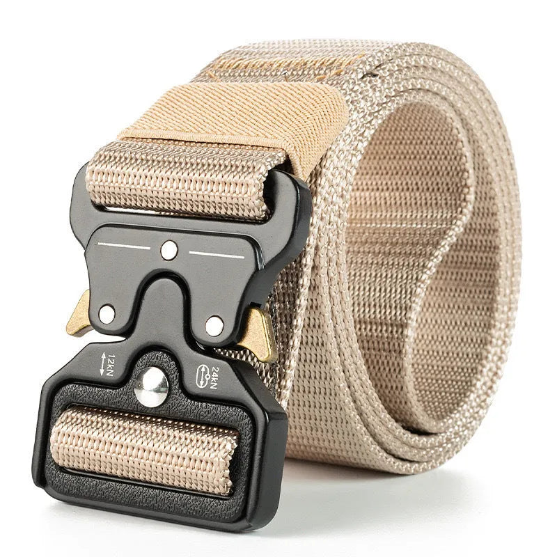 Men's thick canvas tactical belt with alloy release buckle in black colour, showing weaving flowers texture