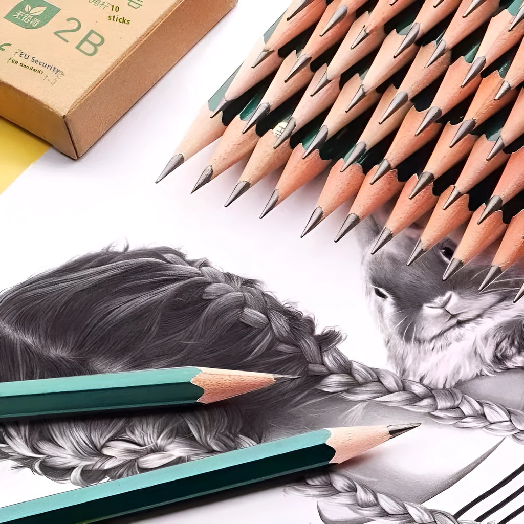 Green hexagonal wooden pencils, 2B and HB grades, box of 10.