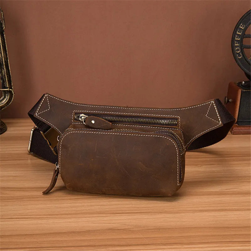 Brown top-layer cowhide leather men's sports waist bag with a pull closure.