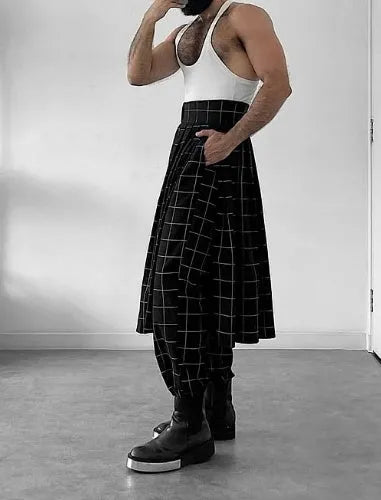 Men's plaid trousers with apron front detailing in cotton fabric, available in multiple sizes