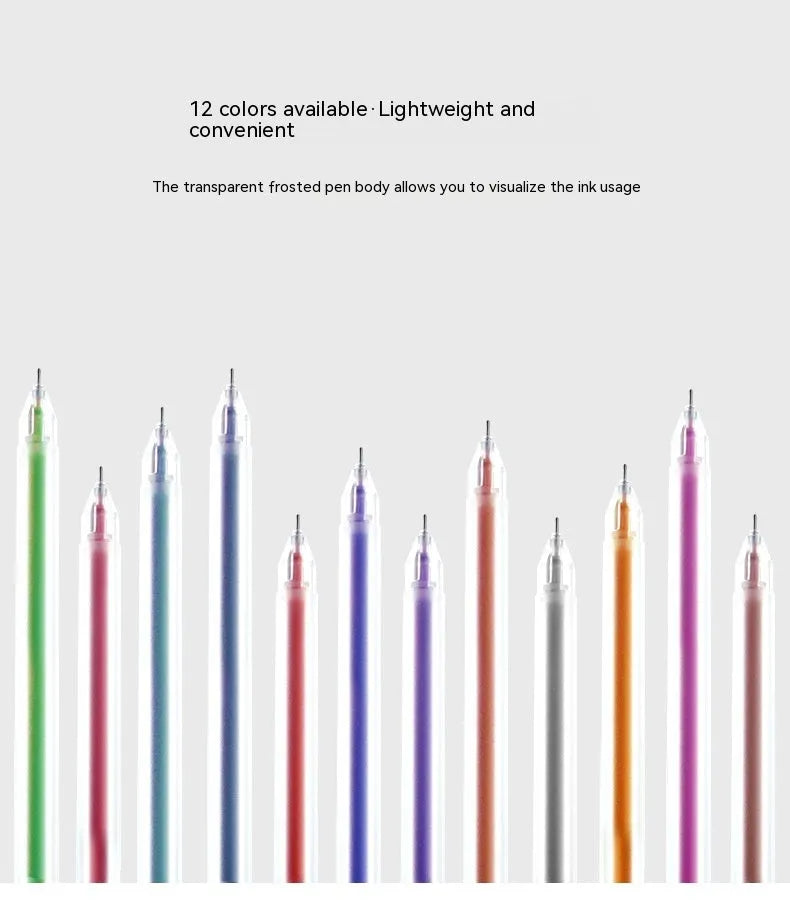 Set of twelve assorted colour gel pens with 0.5mm tips and plastic shells.