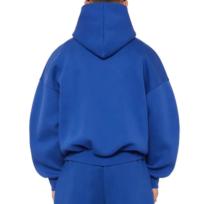 Men's solid colour fleece-lined cotton hoodie sweater with a pullover design and wool lining.