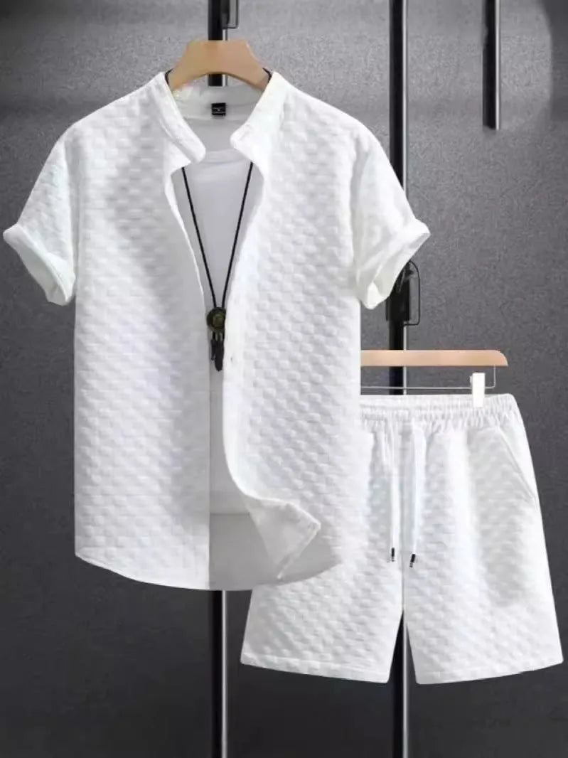 Jacquard fabric short-sleeve suit set with matching trousers in black, white, grey or beige
