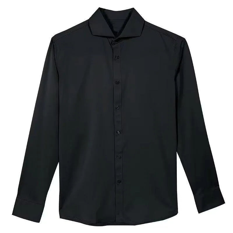 Man wearing a black long sleeve Korean style cardigan shirt with a loose fit and Japanese retro design details.