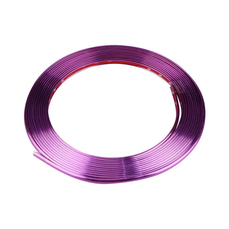 Roll of electroplated purple PVC wheel hub trim sticker, 8 metres long, for car decoration.