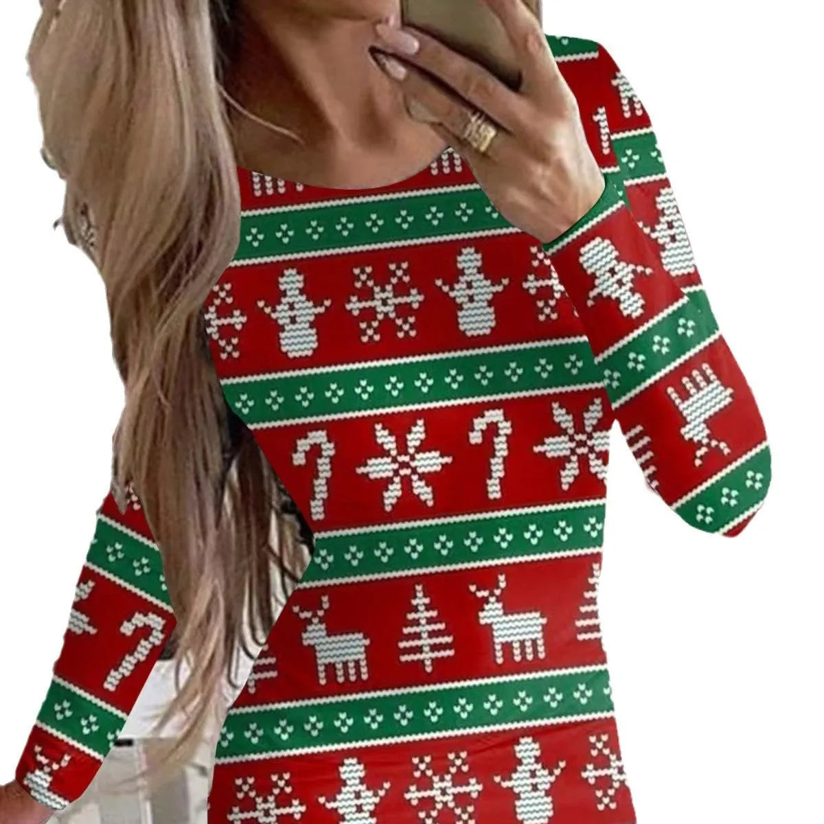 Christmas printed floral pattern dress with round neck and long sleeves in tight fit
