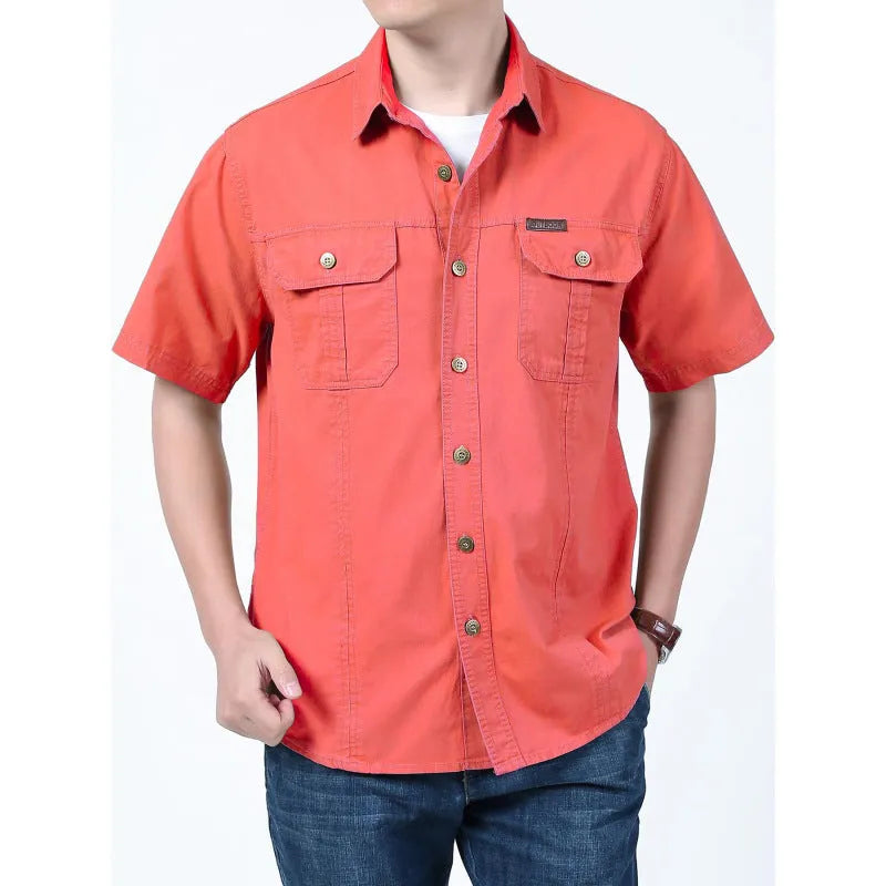 Men's solid colour cotton short sleeve cardigan shirt in dark blue, regular fit, summer wear