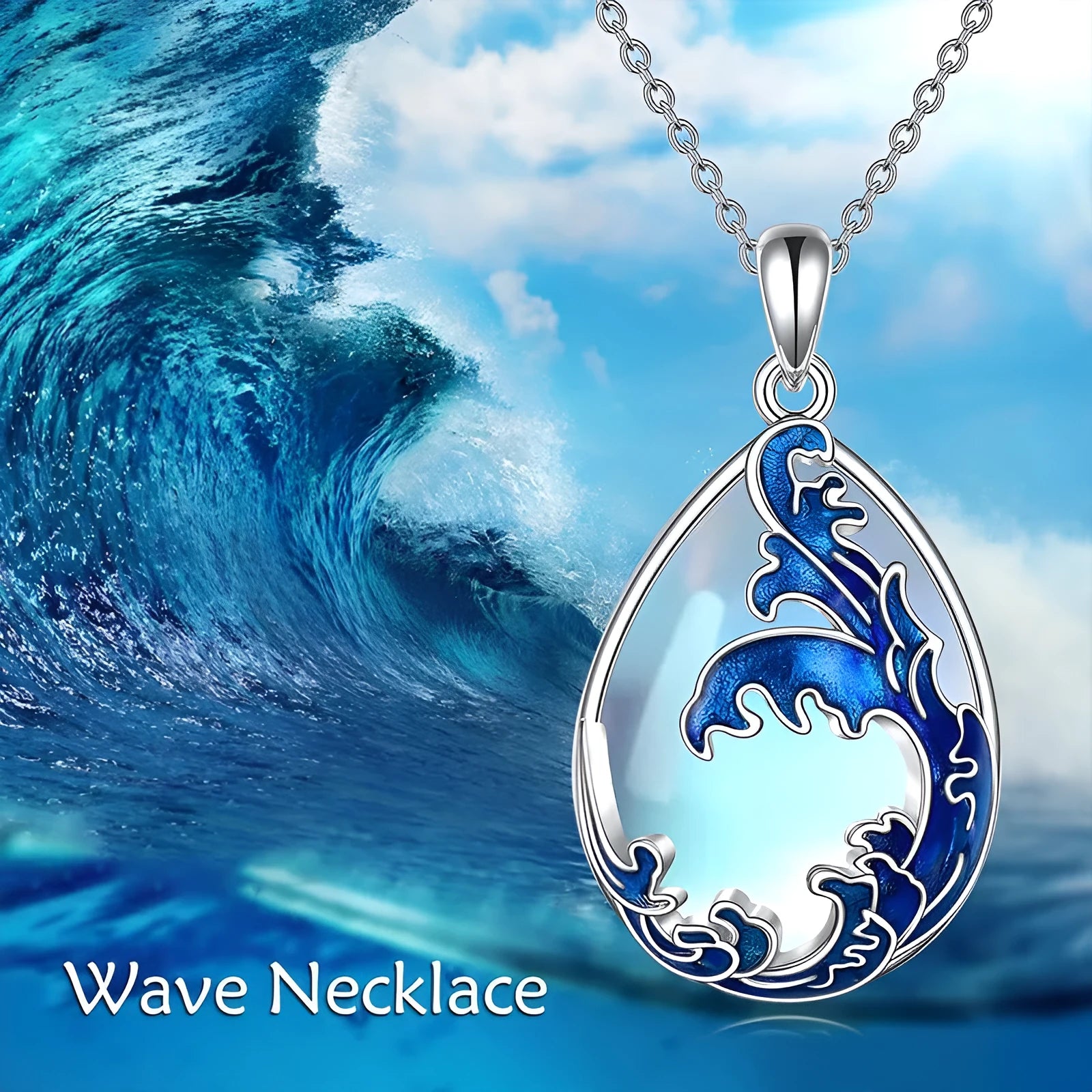 Moonstone blue alloy pendant necklace for women with love heart design on chain