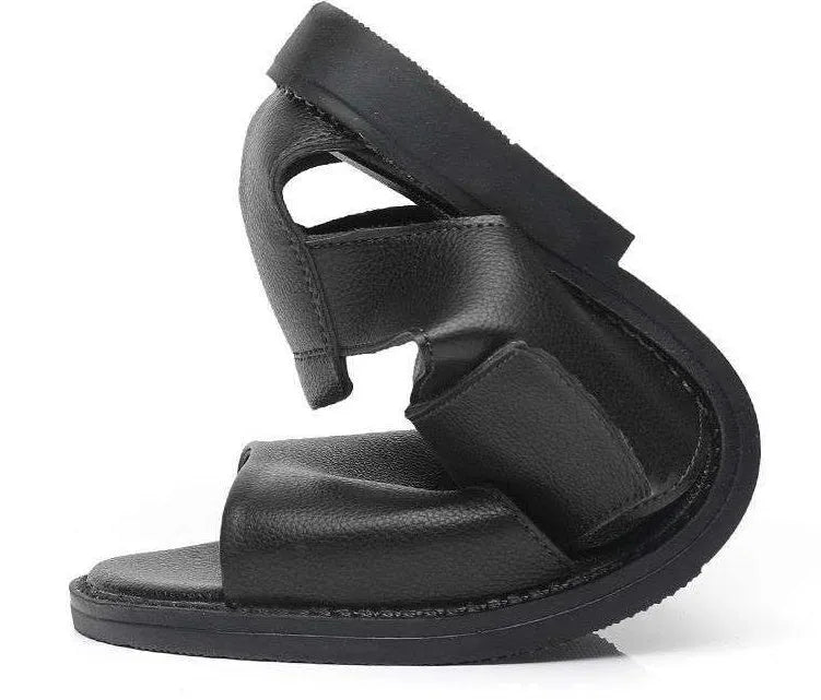 Men's black leather casual sandals with open toe design and non-slip rubber soles