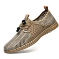 Men's breathable casual shoes in sand colour with mesh upper and elastic band.
