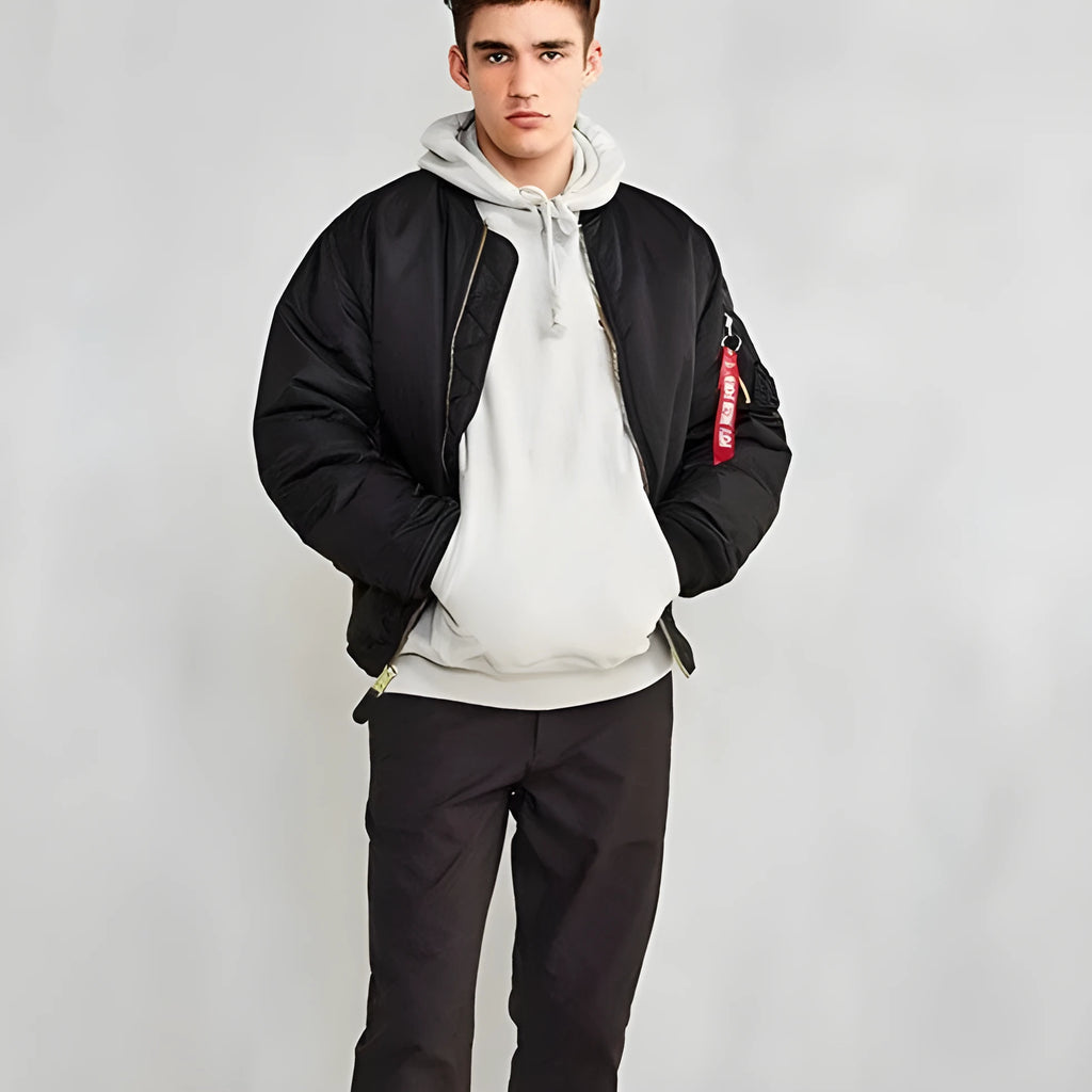 Men's olive green loose-fit cotton-padded pilot jacket with a zip front and workwear styling.
