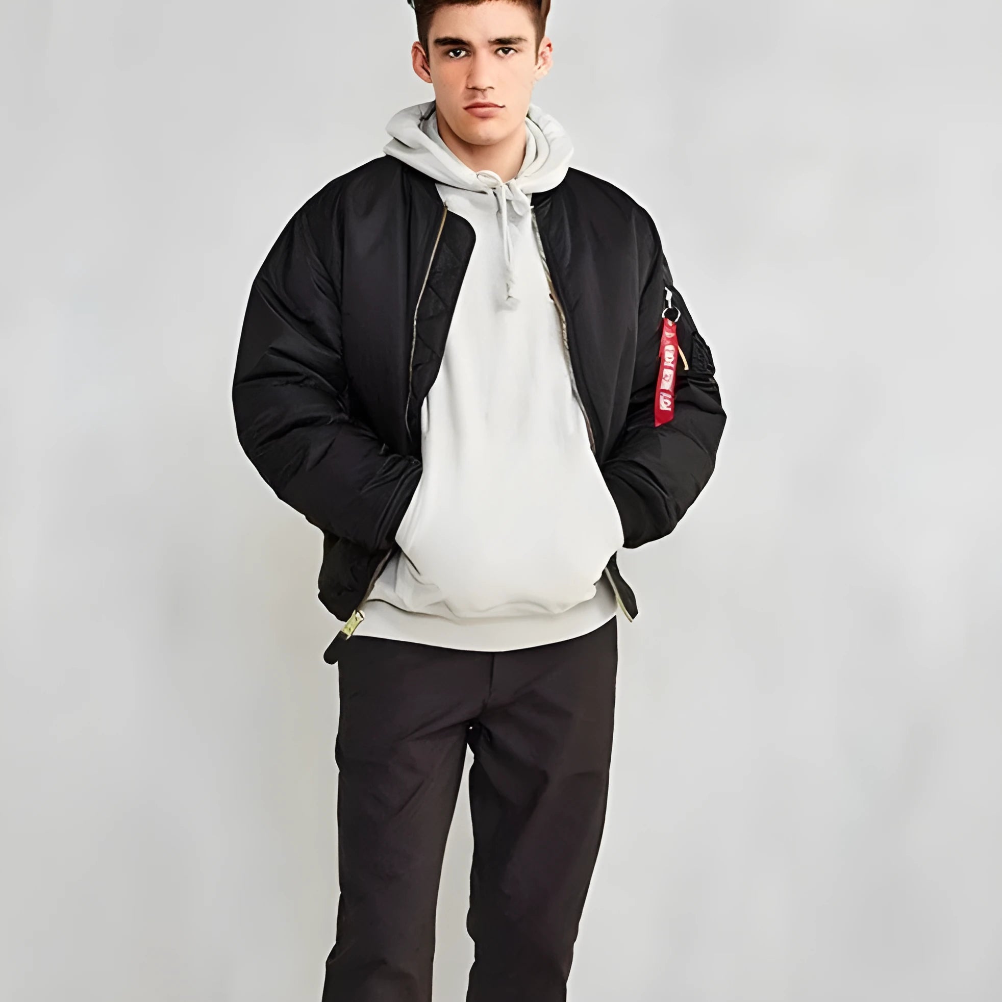 Men's olive green loose-fit cotton-padded pilot jacket with a zip front and workwear styling.