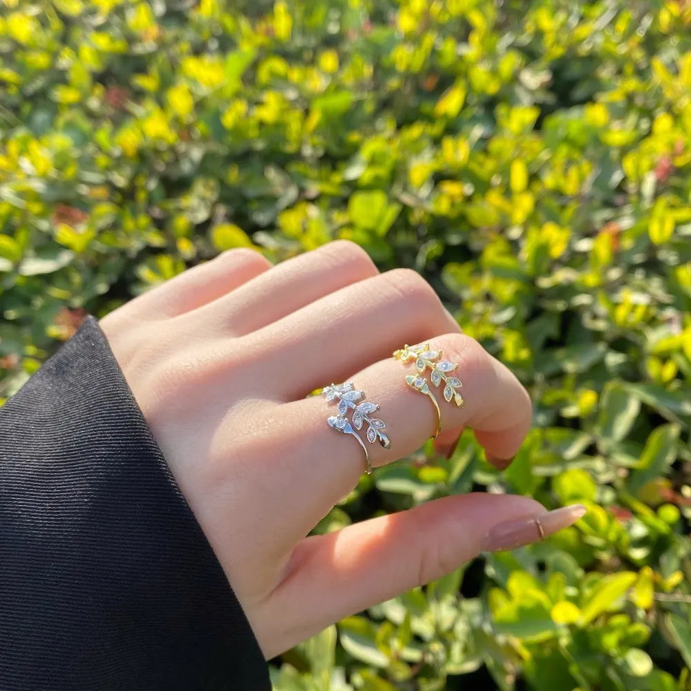 Silver adjustable ring for women with wheat leaf geometric pattern platinum colour