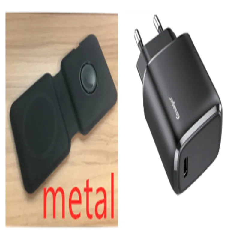 White folding dual magnetic wireless charging dock in stand mode with phone attached