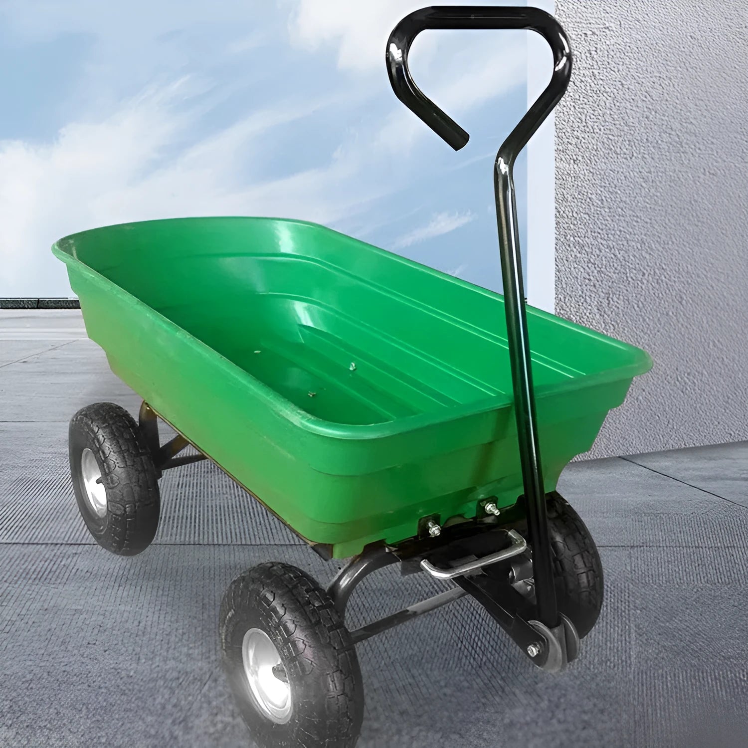 Green four-wheel plastic dump truck with Steel PP body, shown with load bay dimensions 94cm long by 52cm wide.