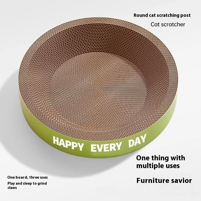 Green round cat scratching board nest with plush interior and integrated scratching surface