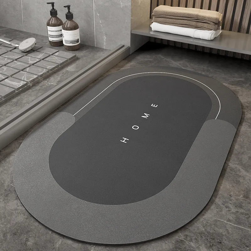 Blended fabric bathroom floor mat in blue, available in oval and rectangular shapes